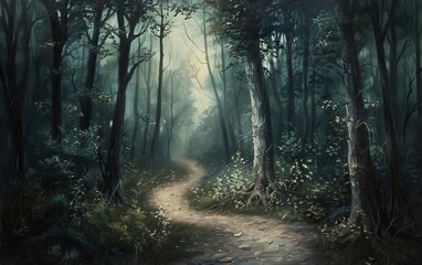 Fototapeta premium Capture a mysterious forest with a winding path, seen from a rear view perspective, showcasing its inaccessible beauty in a traditional oil painting style,