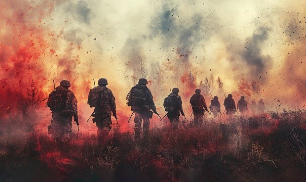 Group of military soldiers marching confidently, symbolizing patriotism and the potential for victory or surrender in battle. illustration images