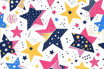 Obraz premium Seamless colorful geometric pattern with colorful star doodles on a flat cartoon background. Simple random shapes in party colors.