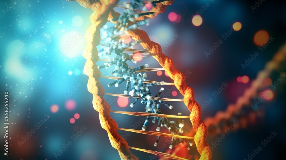 Aufkleber A dynamic animation of a digital DNA molecule, its structure interacting with environmental factors, showcasing the interplay between genetics and external influences.