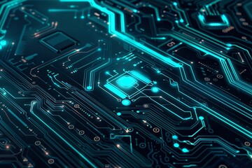 AI chip with thin circuit contact lines on a monochrome blue background. Semiconductor on a board. Modern illustration.