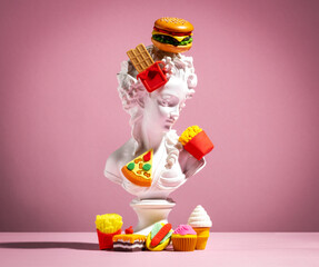 Plaster statue of  woman pasted with miniature fast food on pink background. Unhealthy food diet poster.