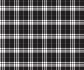 Plaid pattern, black, white, seamless for textiles, and for designing clothing, skirts, pants, tablecloths, blankets, aprons or decorative fabrics. Vector illustration.