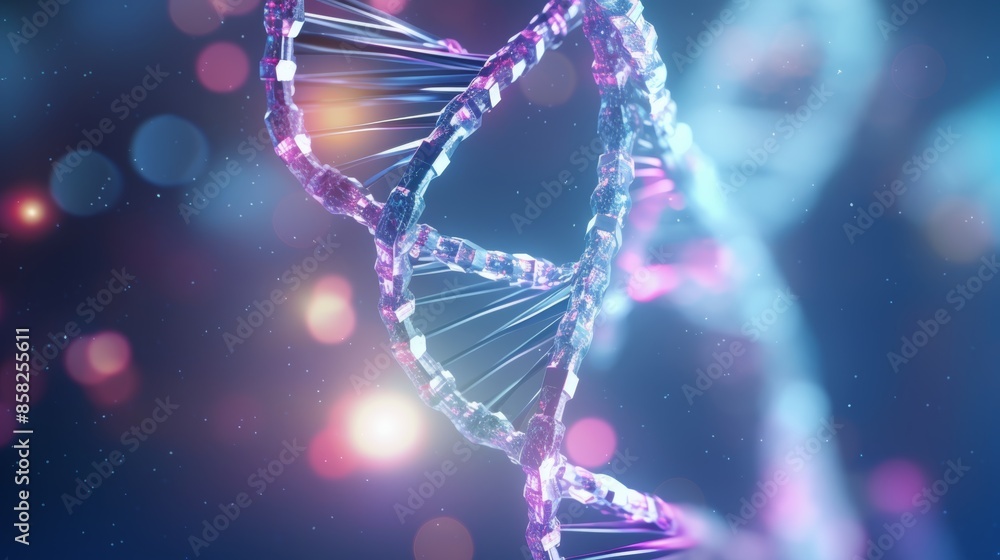 Poster A dynamic animation of a digital DNA molecule, its segments unzipping and replicating, showcasing the intricate process of genetic information transfer.
