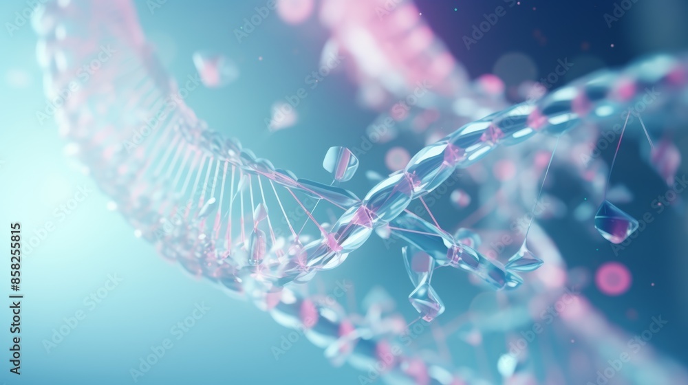 Poster a dynamic animation of a digital dna molecule, its structure interacting with personalized medical t