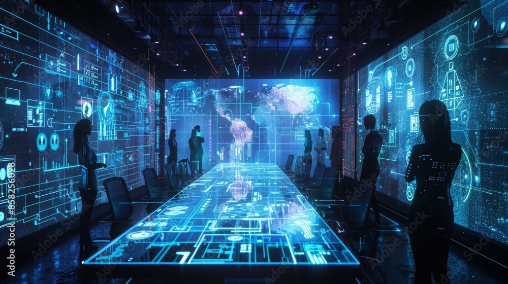 Aufkleber silhouetted team members hold a meeting in a high-tech digital conference room with interactive scre