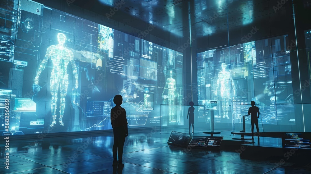Aufkleber researchers examine and analyze data using large, futuristic holographic displays in a high-tech lab