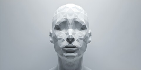 Low poly human head symbolizes intelligence and wisdom in minimalist style. Concept Minimalist Art, Low-Poly Design, Human Portrait, Intelligence Symbolism, Wisdom Representation