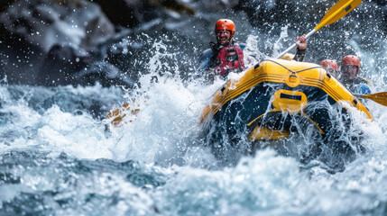 White-water rafters tackling a rapid