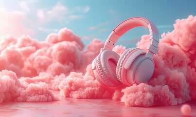Vibrant pastel-hued headphones soar amidst clouds, inviting immersive audio experiences for music, podcasts, and streaming. illustration images