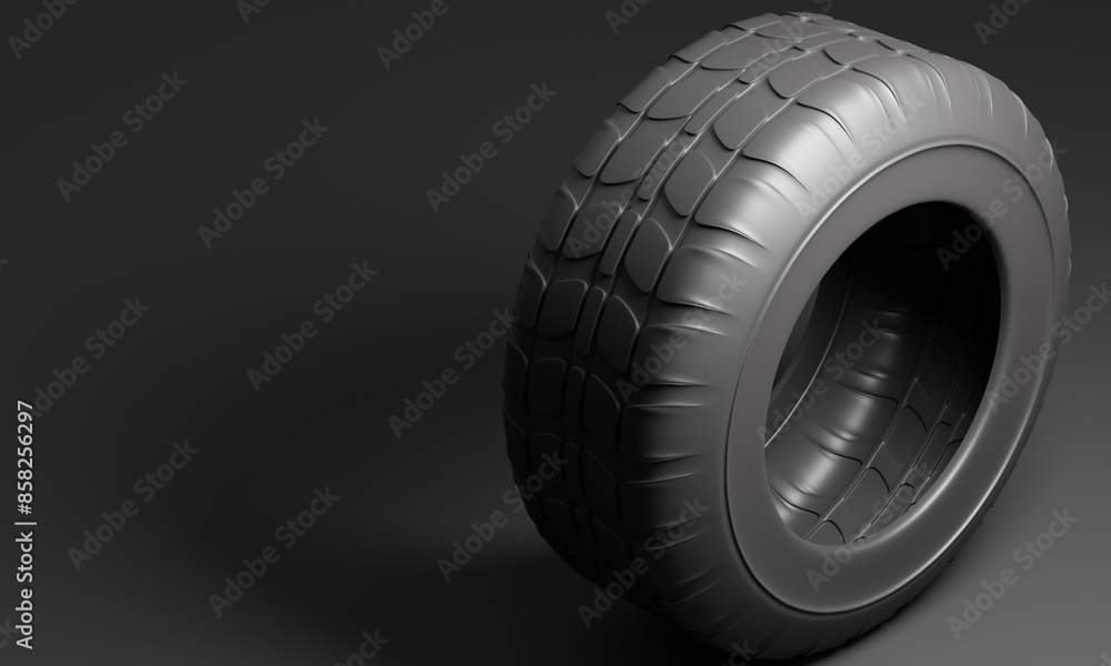 Poster new machine tire on dark background. 3d rendering