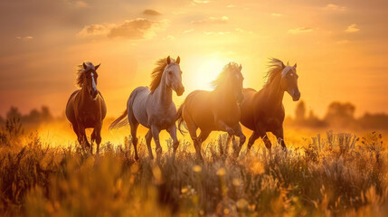 Obraz premium Wild horses running through a grassy field at sunset
