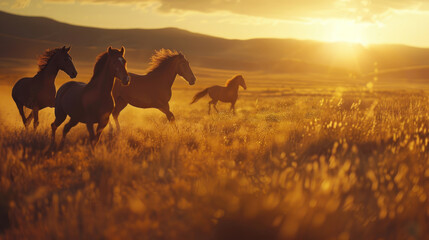 Wild horses running through a grassy field at sunset