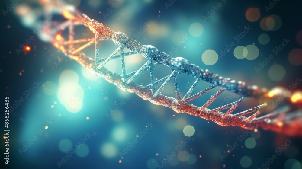 Poster A dynamic animation of a digital DNA molecule, its structure interacting with genetic research tools, showcasing the power of science to unravel the mysteries of life.