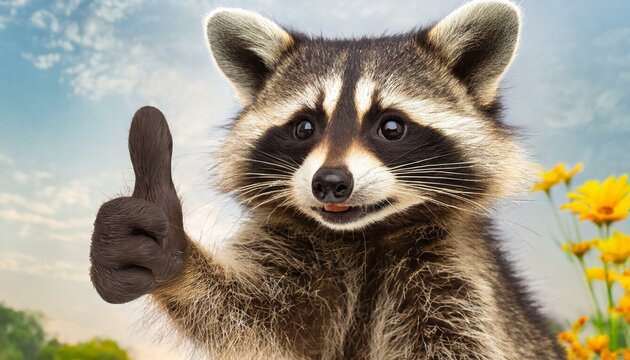 A raccoon giving a thumbs up isolated on white background
