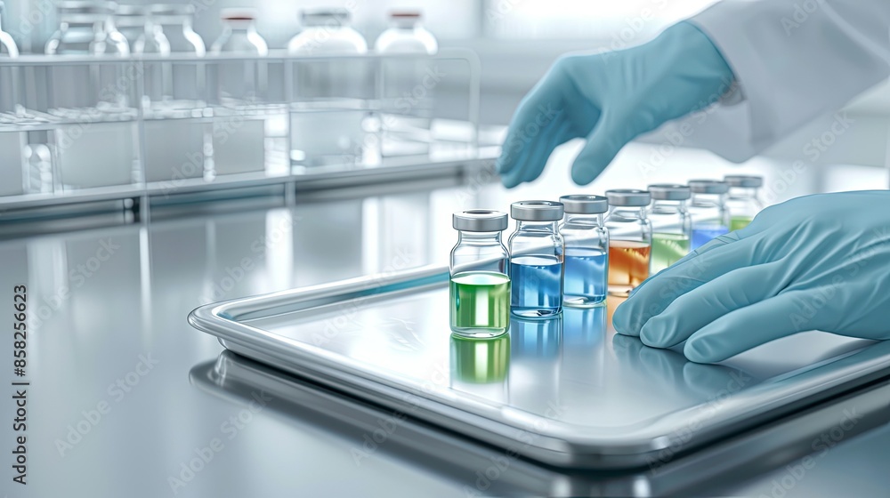 Poster a scientists touch: examining multicolored vials in a laboratory
