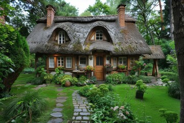 Fototapeta premium Historical cottage with a thatched roof and charming garden, evoking a fairytalelike atmosphere, historical cottage, thatched roof, fairytale