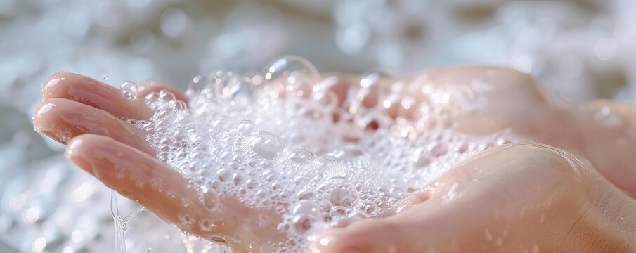 Highresolution closeup of soap lather on a person s hand, capturing the creamy texture, soap, lather, creamy texture