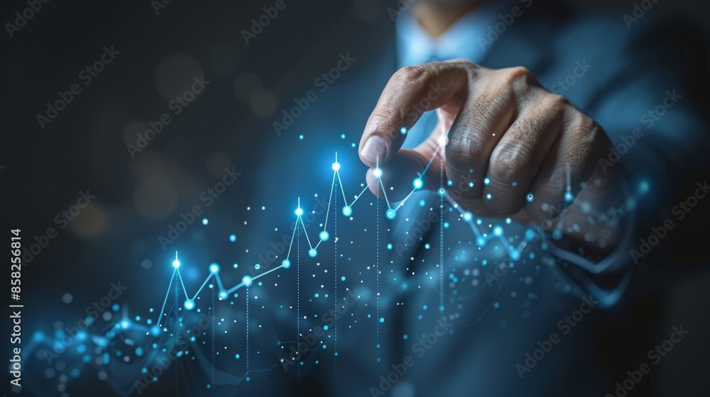Aufkleber a businessman in a suit interacts with a digital financial graph, showcasing data points and growth 