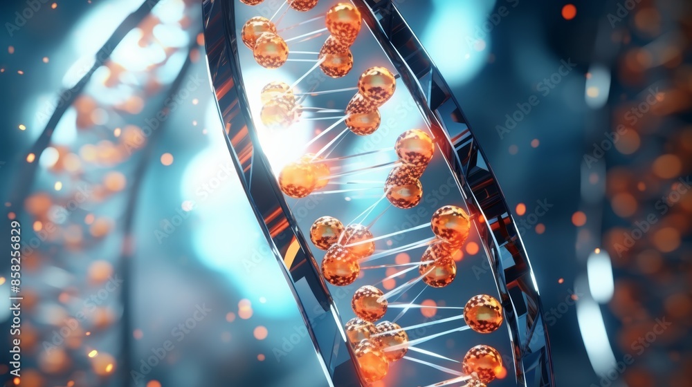 Poster a dynamic animation of a digital dna molecule, its structure interacting with medical nanobots, show