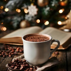 Delicious cups of hot coffee and hot cocoa, books and flowers, beautiful atmosphere Ai generated.
