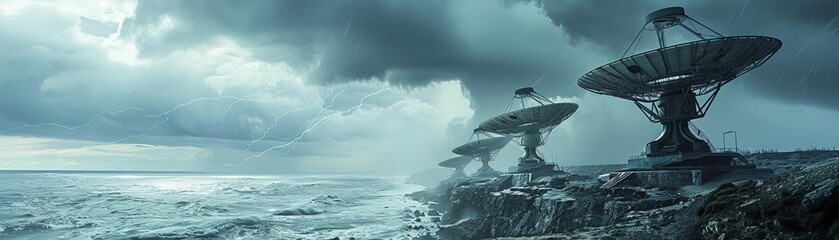 Multiple satellite dishes on a coastal cliff, overlooking the ocean under stormy clouds, satellite dish, coastal cliff, stormy ocean