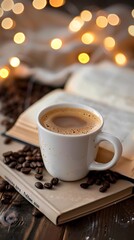 Delicious cups of hot coffee and hot cocoa, books and flowers, beautiful atmosphere Ai generated.