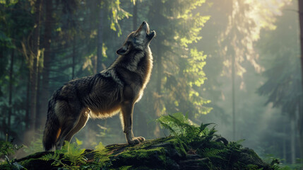 Wolf howling at dusk in a deep forest