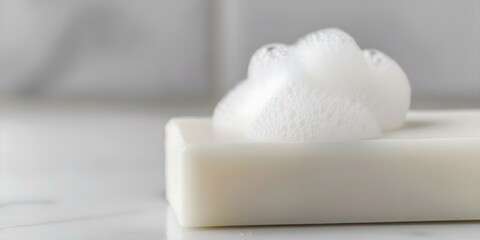 Closeup of foamy lather on soap bar highlights smooth texture for cleansing. Concept Soap lather, Cleansing ritual, Texture showcase