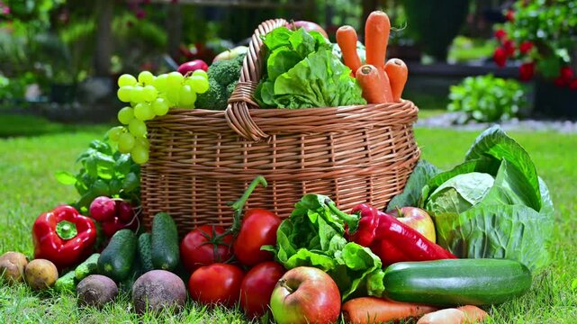 Wicker basket with vegetables and fruits in the garden