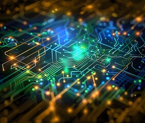 Obraz premium Detailed view of the multi-coloured electronic circuit board