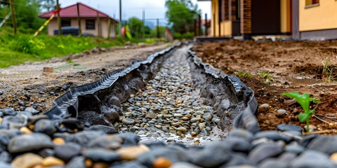 Efficient French drain installation for home water drainage improvement. Concept French Drains, Home Improvement, Water Drainage, Installation Techniques, Efficient Techniques
