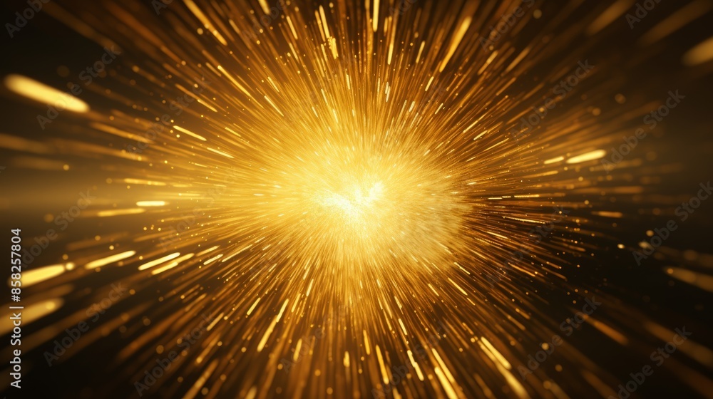 Poster a hypnotic abstract background with radiant gold particles radiating outwards from a central point.