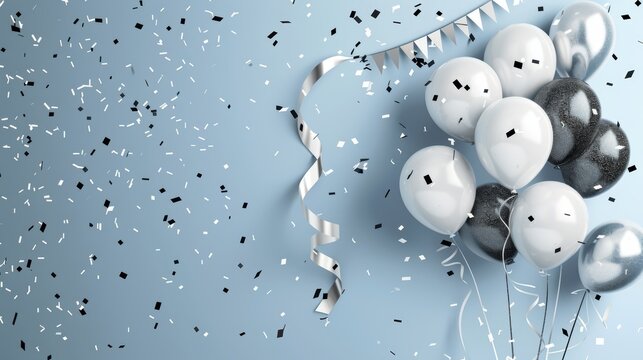 Black and white balloons with confetti and a banner on a light blue background.  Perfect for a birthday or celebration.