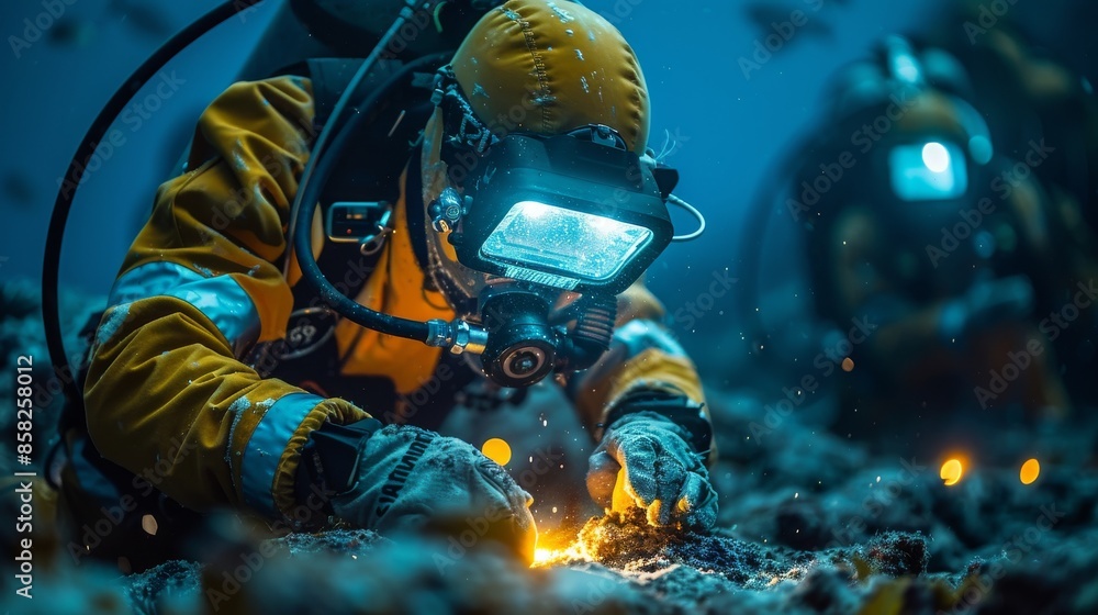 Poster two divers in specialized suits and helmets are performing an underwater welding operation in a deep