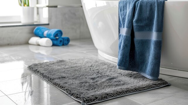 a modern bathroom interior featuring a gray floor mat near a bathtub and a shelf stocked with cleaning accessories.