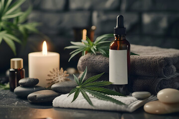 A high-quality photo of a cannabis-infused lotion bottle with a blank label, surrounded by spa elements like towels, stones, and candles, set in a tranquil spa setting 