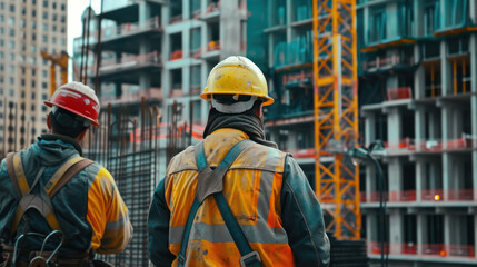Workers on a construction site wearing hard hats and safety gear