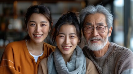 Fototapeta premium This image captures three generations of a family, including grandparents, parents, and children, smiling joyously together indoors, showcasing the warmth and bond between family members.