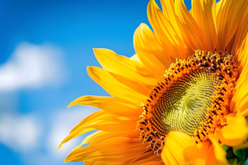 A high-resolution close-up photo of a sunflower in full bloom, with detailed textures of the petals and a bright blue sky in the background