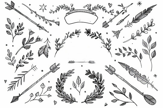 A set of gold decorative hand drawn design elements, including arrows, frames, swirls, deviders and flourishes. Modern illustration.