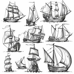 The old sailboat is a caravel, a vintage sailboat. Hand drawn modern sketch.