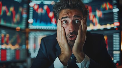 Obraz premium A shocked businessman looks at stock market charts with his hands on his face. He is surrounded by screens with financial data. A stressful scene of stock market volatility.