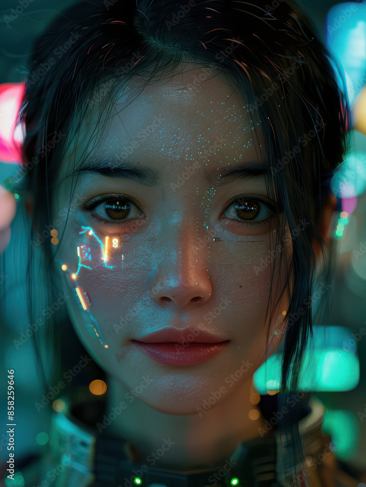 Poster futuristic cybernetic portrait of a woman with glowing elements amidst neon lights in a high tech sc