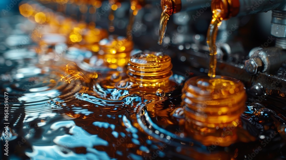 Poster industrial scene of machines filling bottles with oil, focused on precision and efficiency, exemplif
