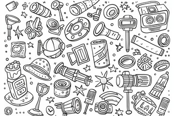 A collection of hand drawn sketches of art equipment, cameras, and video cameras on transparent backgrounds. Illustrations of creative occupations.