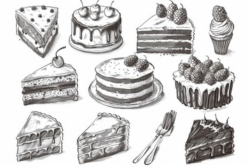 The image features cake and cream tarts, fruit desserts and muffins. A vintage engraved sketch. An illustration for a banner or menu of a cafe or restaurant.