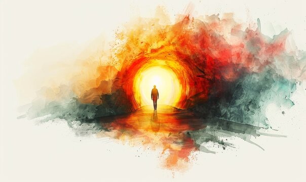 The light at the end of the tunnel shines brightly in the dark, Digital illustration, white background, watercolor style 