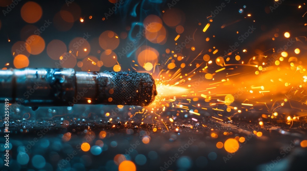 Poster this image highlights the fiery glow of a metal object with sparks flying in an energetic display, c