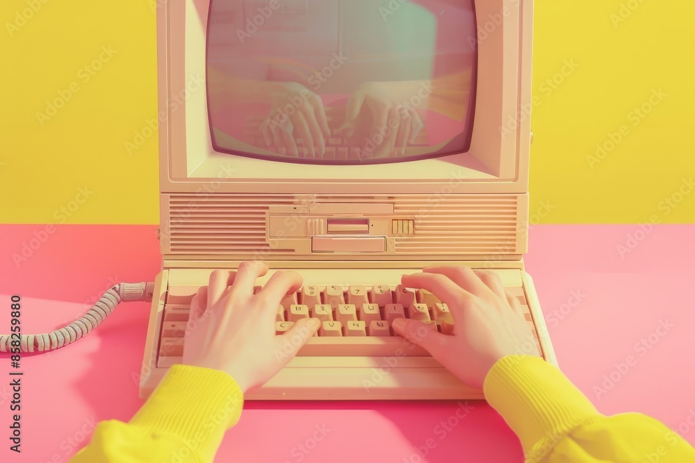 Aufkleber a colorful image of a vintage computer monitor and keyboard set on a pink tablecloth on a yellow bac